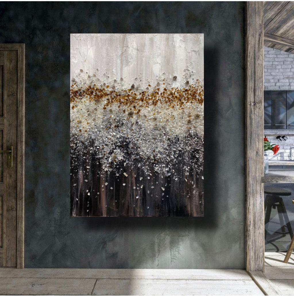 Silver crushed glass and glitter sparkling acrylic painting "CHOCOLATE ICECREAM", Modern Fine Glam Art, Large Canvas