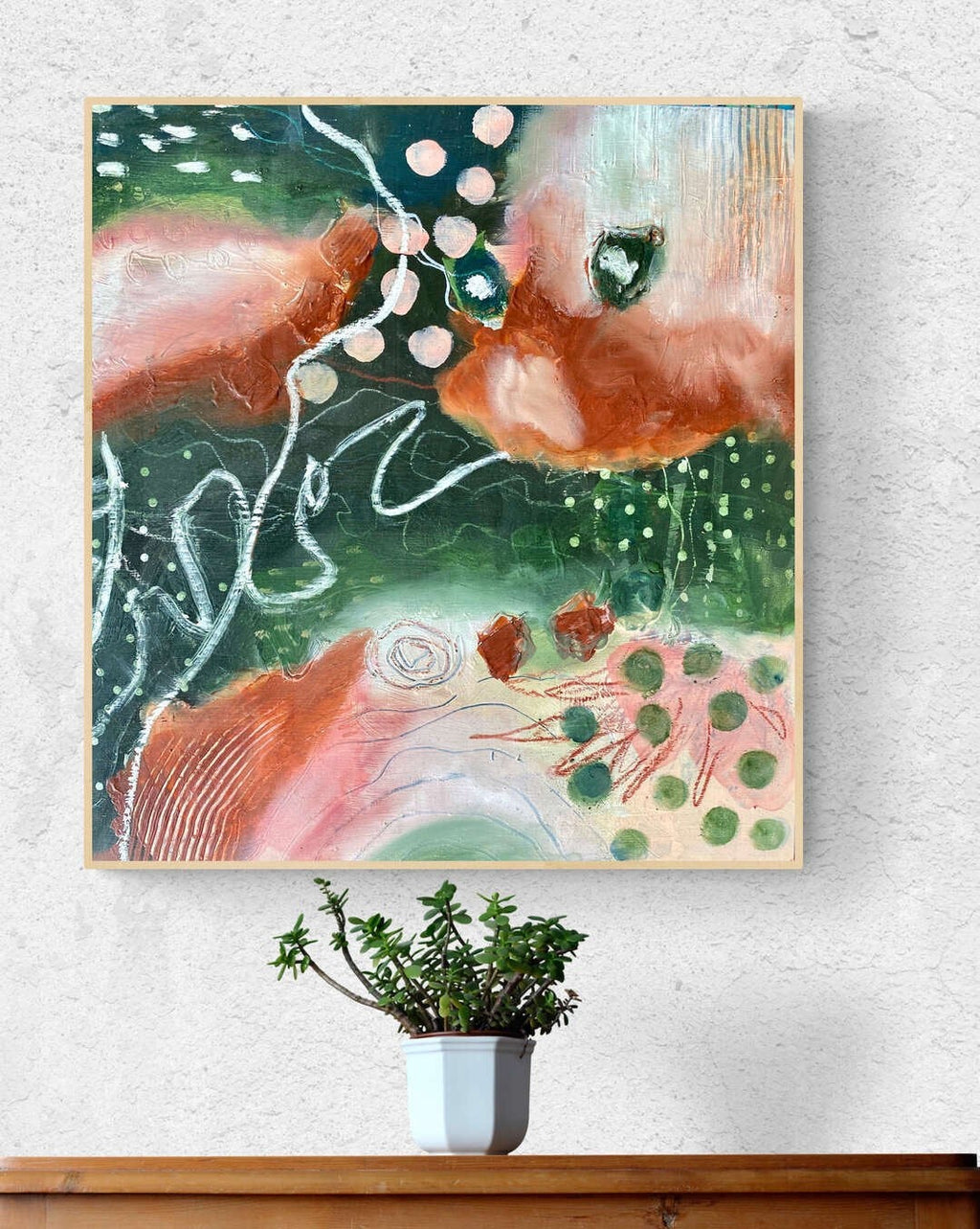 Abstract  Botanical Art, Original  art on wooden panels 12”12, plant lover gift,  garden Art, Botanical painting, mixed art ,green