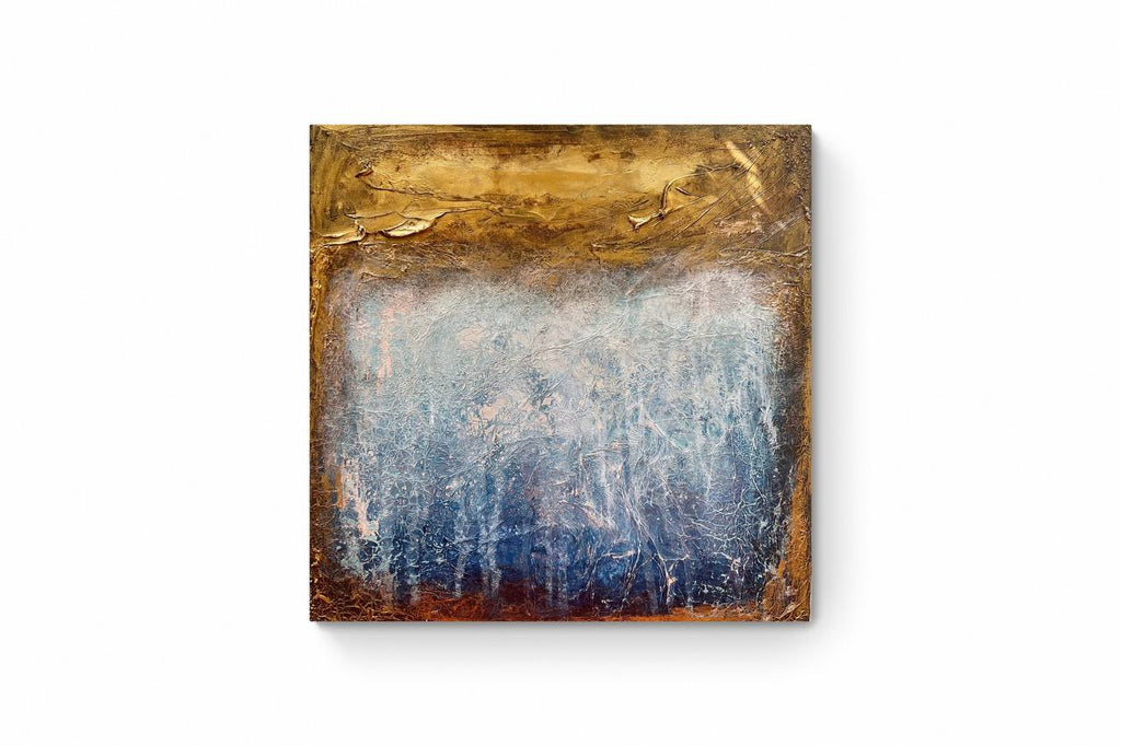 Heavy textured painting with aluminum foil,blue and gold paint “Feel brave” small size 14"x14”