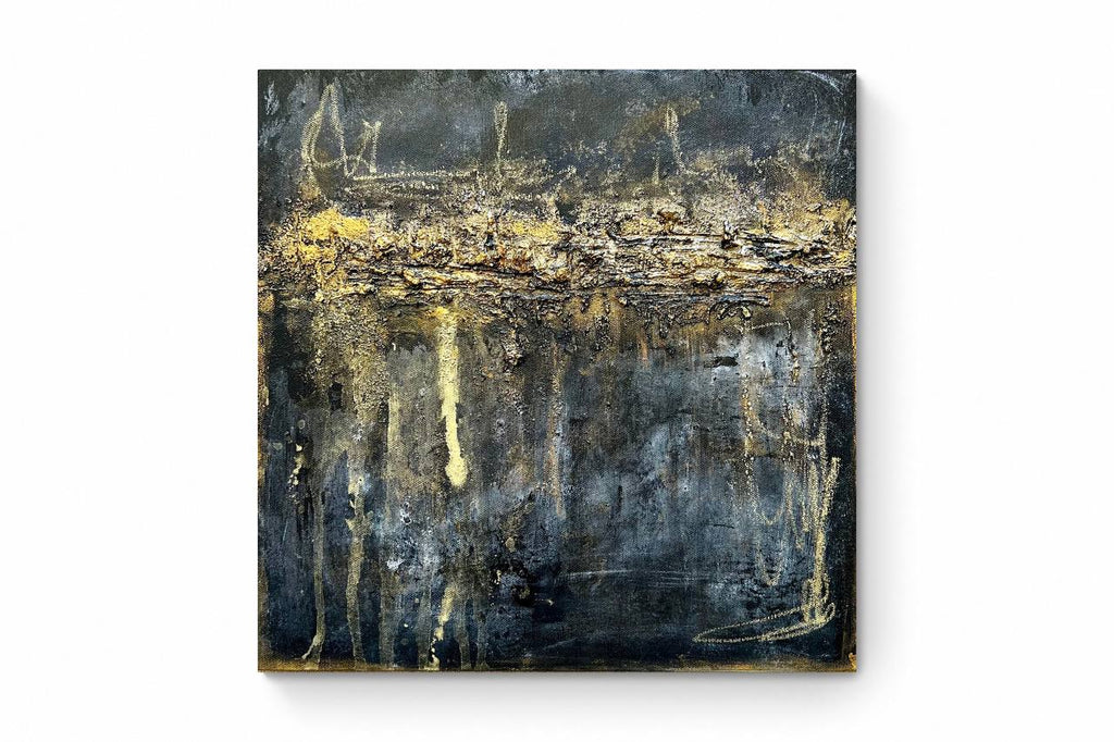 Turkish collection. Heavy textured painting, black and golden paint “Falling down” small size 14"x14”